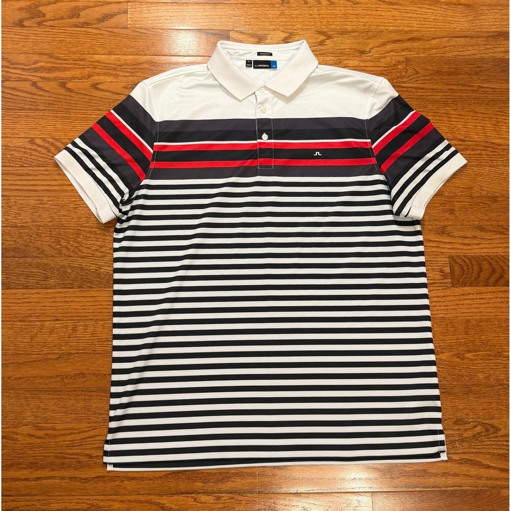 J.Lindeberg Performance Golf Polo Shirt Mens XL Regular Fit White Striped Active